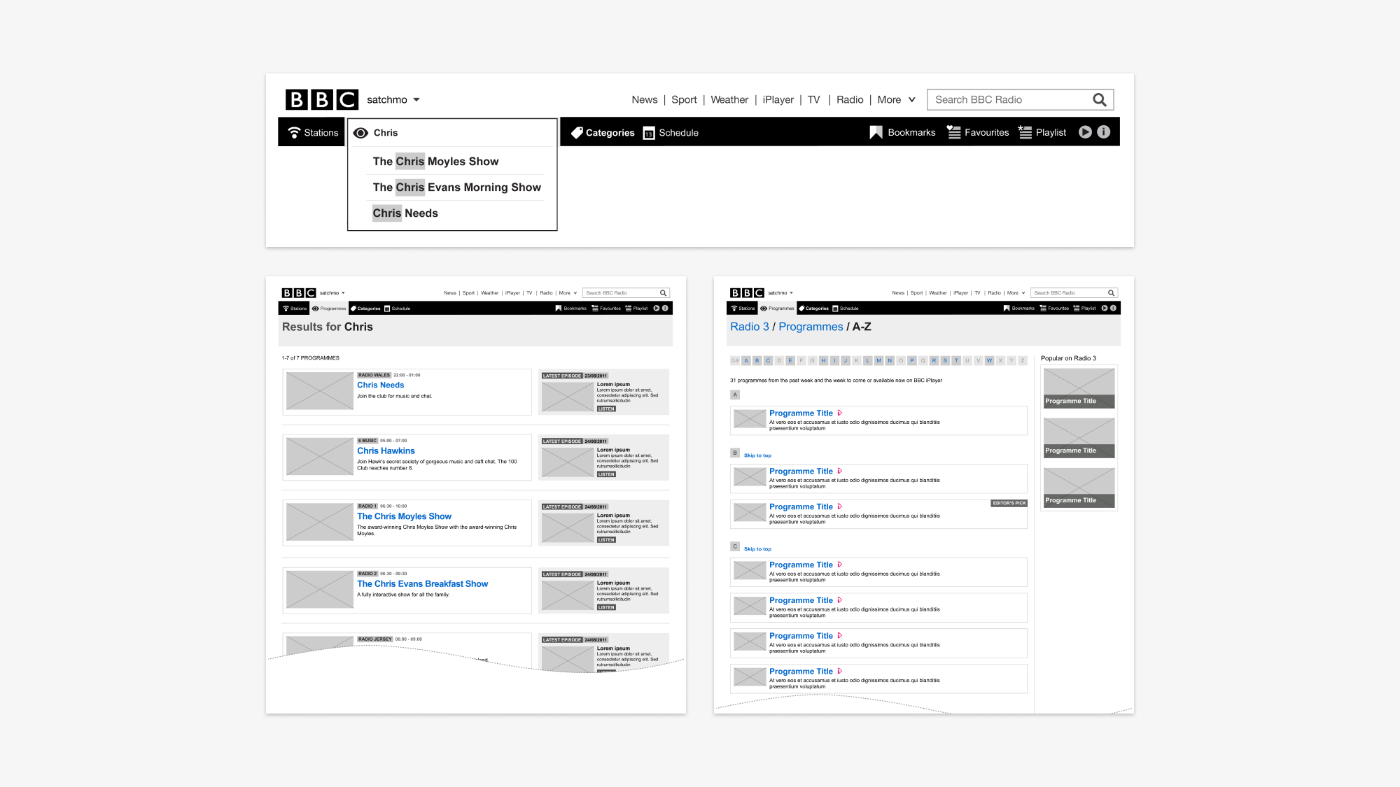 Wireframes for the BBC Radio redesign search journeys