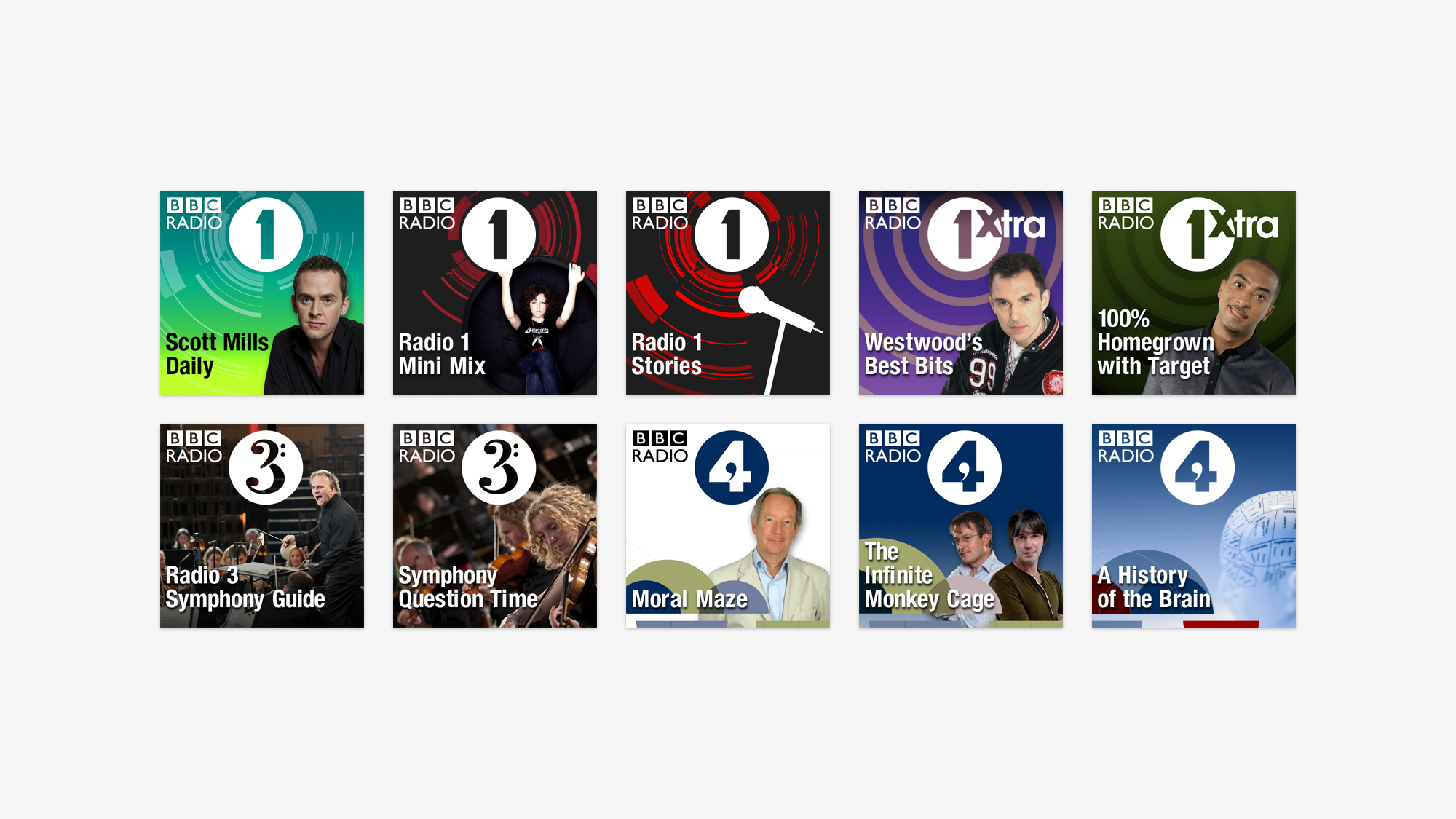 Podcast image designs across BBC Radio