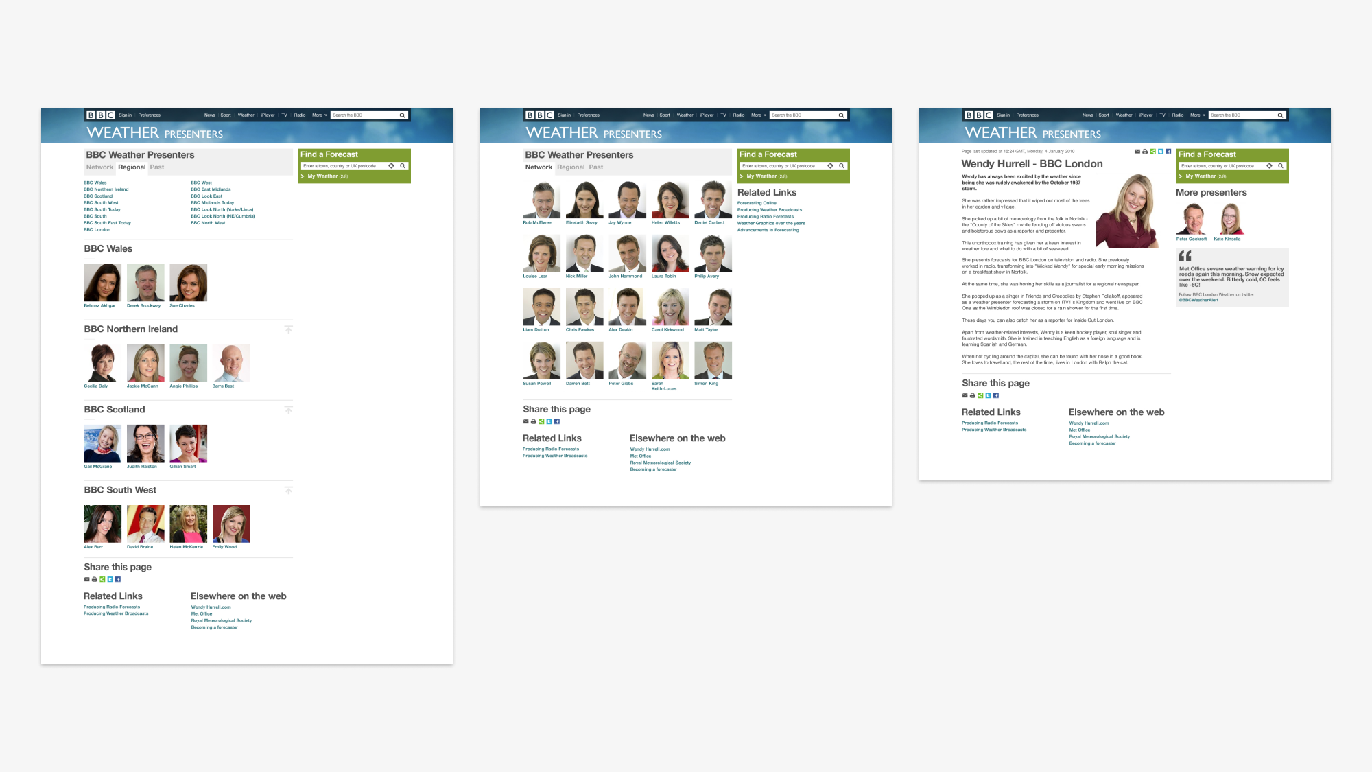 Layout designs for BBC Weather presenter pages