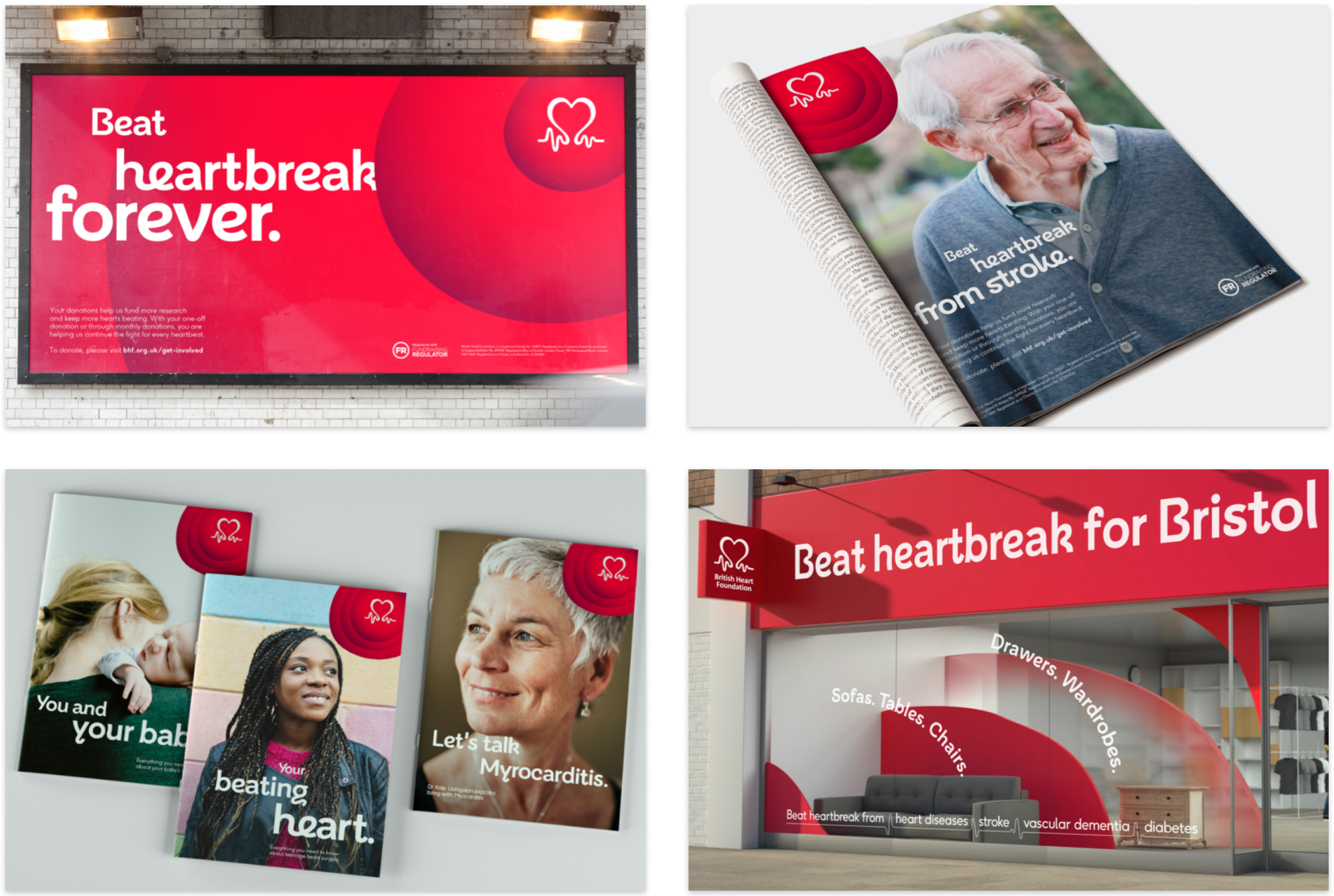 Brand redesign assets — billboard, magazine ad, booklets, shop signage