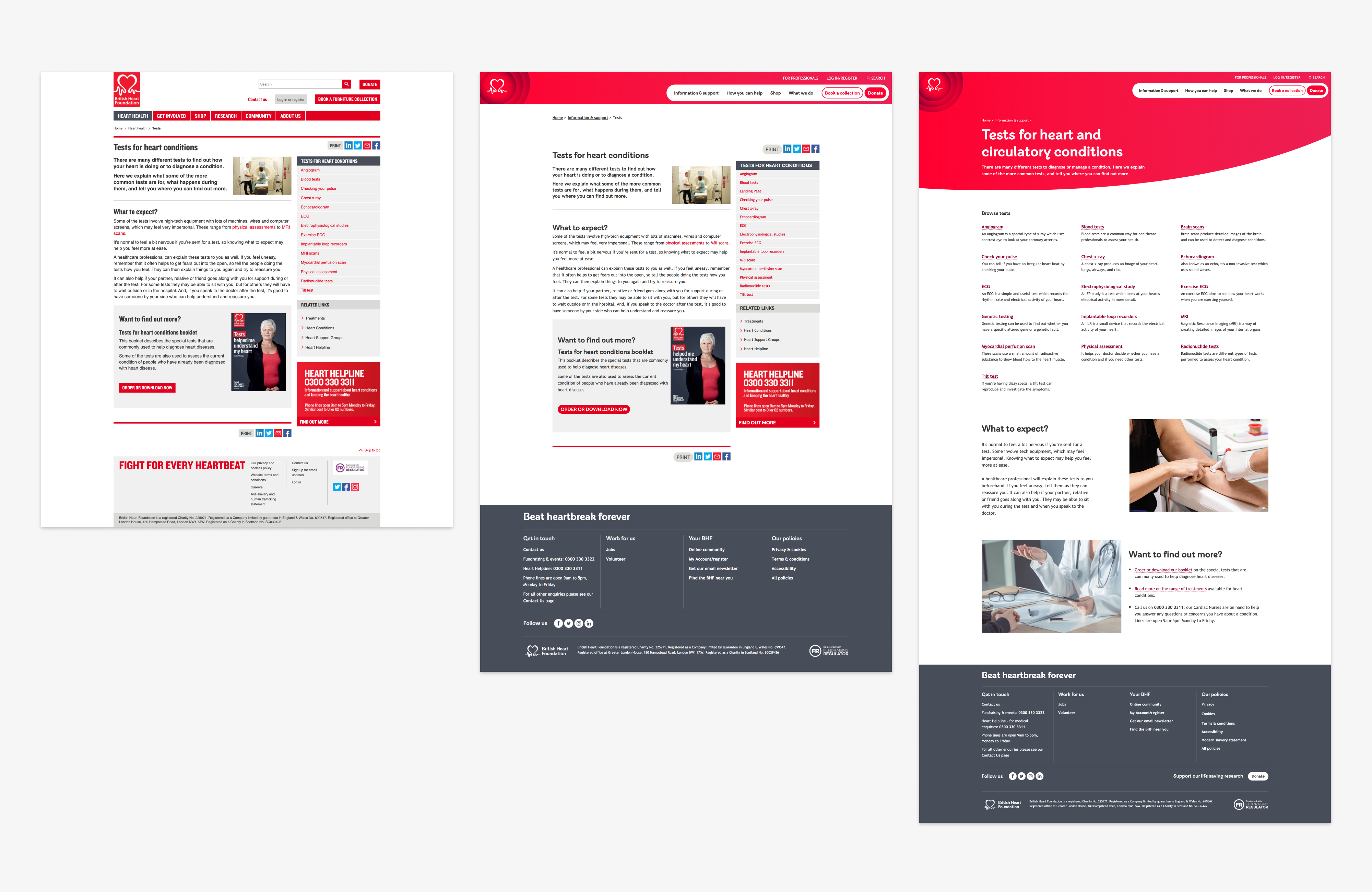 Tests for heart conditions page — old design and two new design iterations