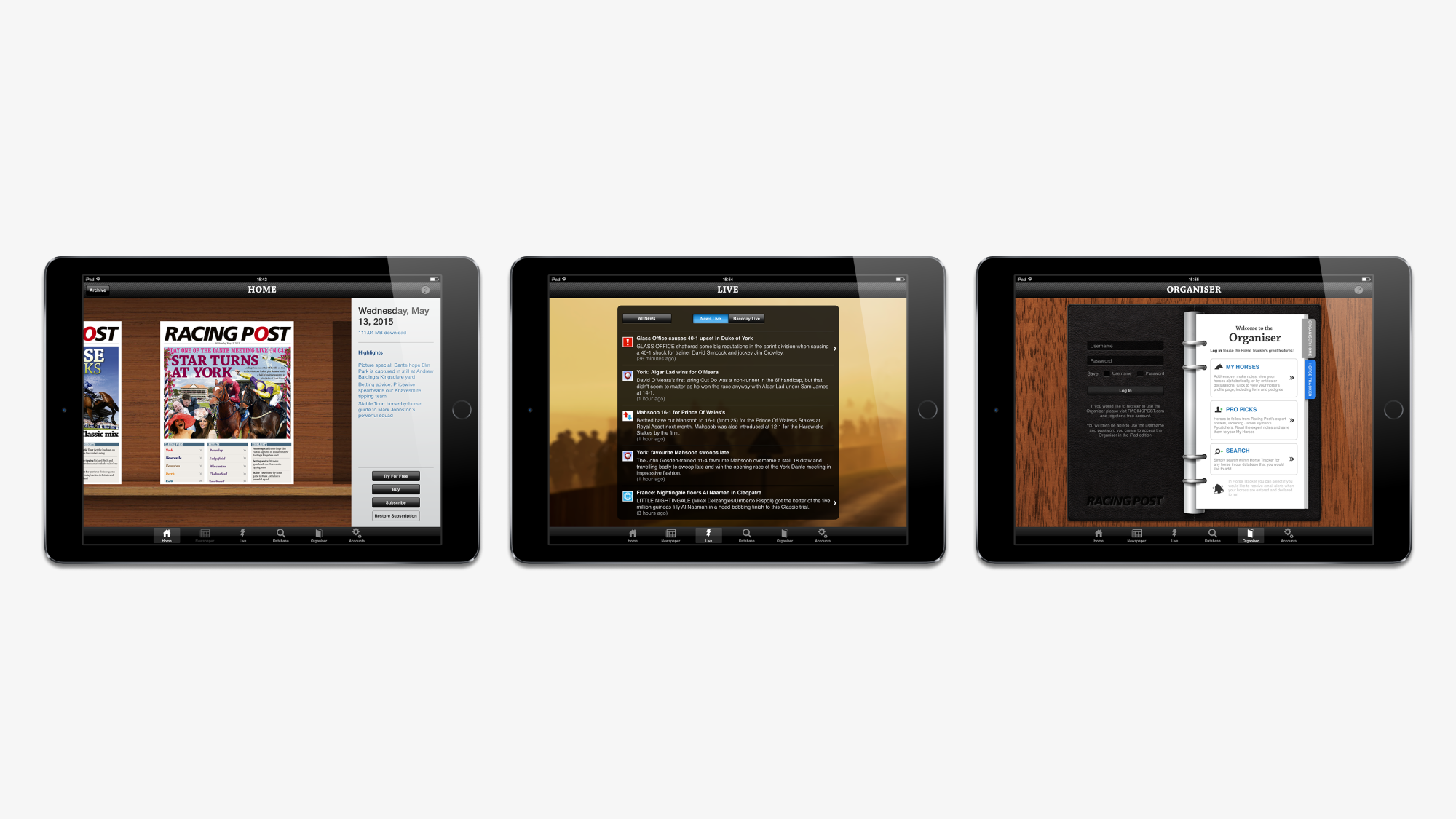 Home, Live and Organiser screens on the Daily Edition iPad app