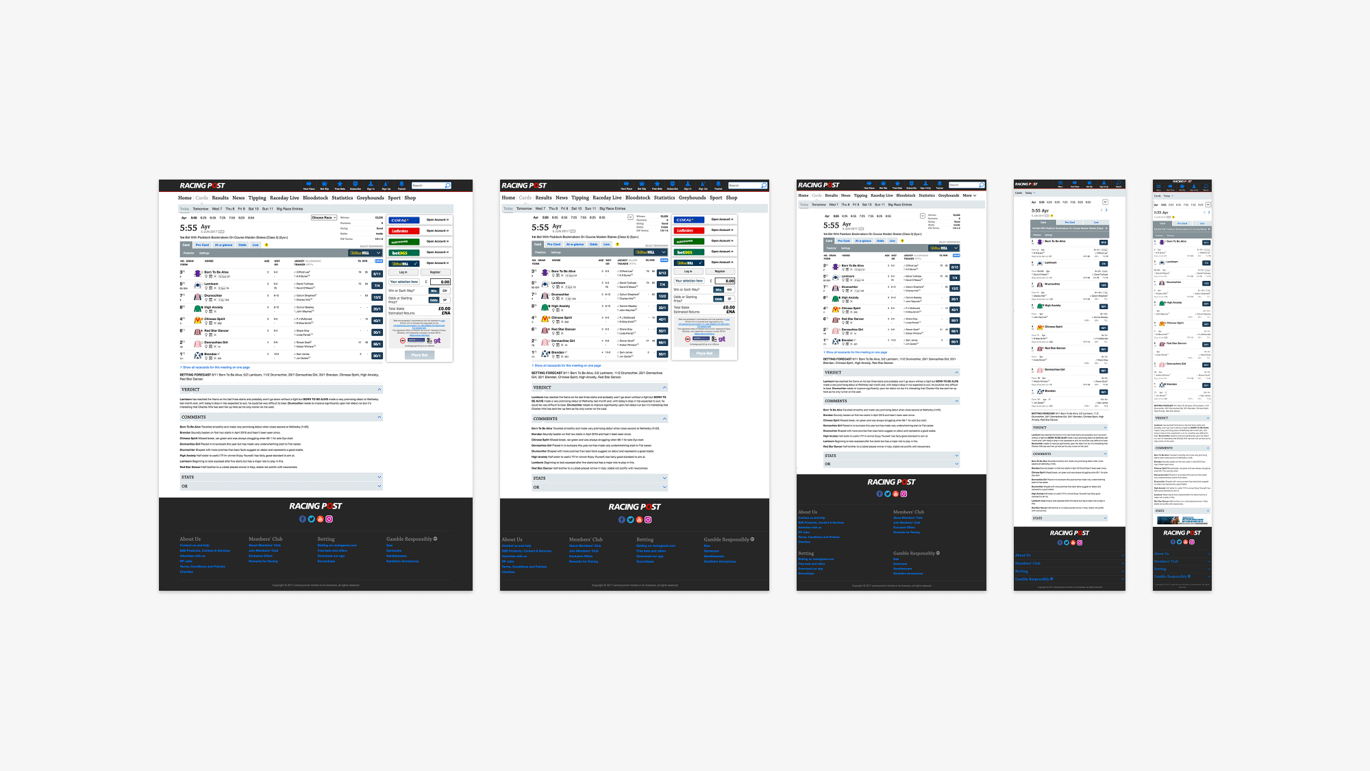 Racecard page shown across five responsive breakpoints
