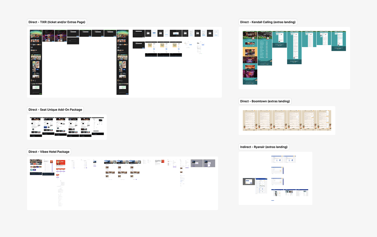Competitor analysis of direct and indirect competitors' ticket and extras purchase pages, including TIXR, Kendall Calling, Boomtown, Seat Unique, Vibee and Ryanair