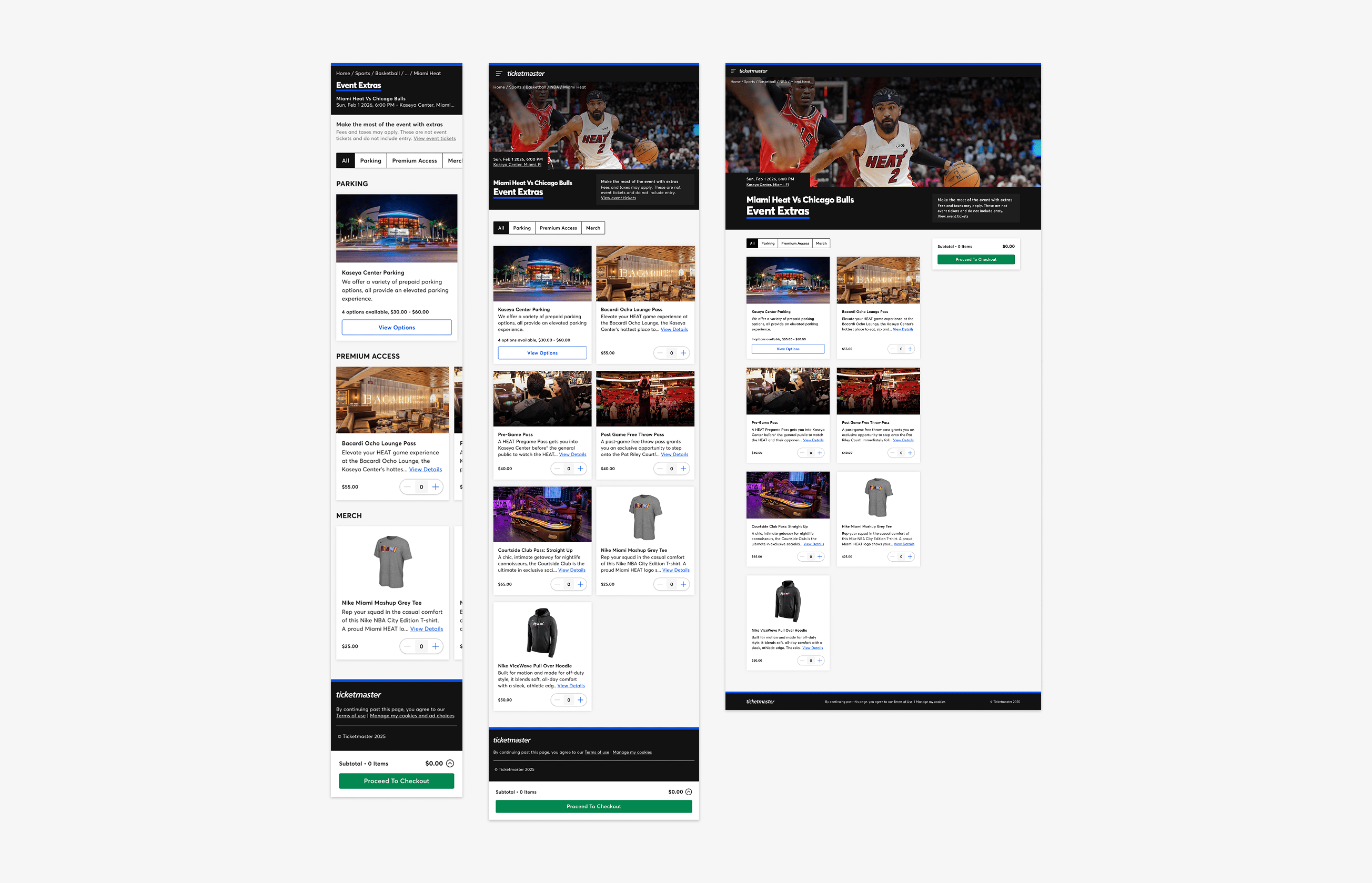 Final ELP design showing the Miami Heat vs Chicago Bulls Event Extras page on desktop and mobile, with Parking, Premium Access and Merch categories