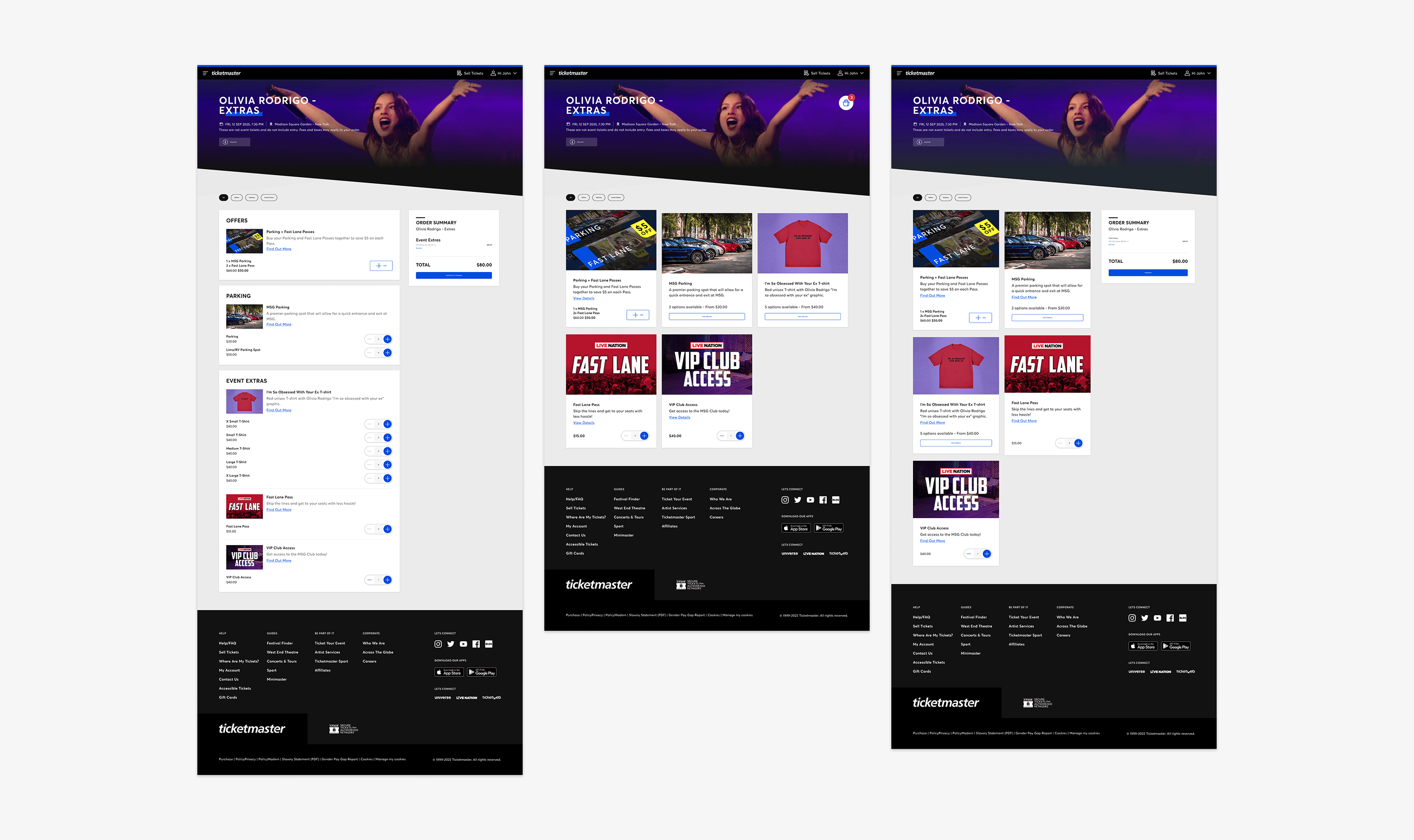 Early high-fidelity design directions for the new Extras Landing Page, showing variations on the single-panel layout and item details drawer