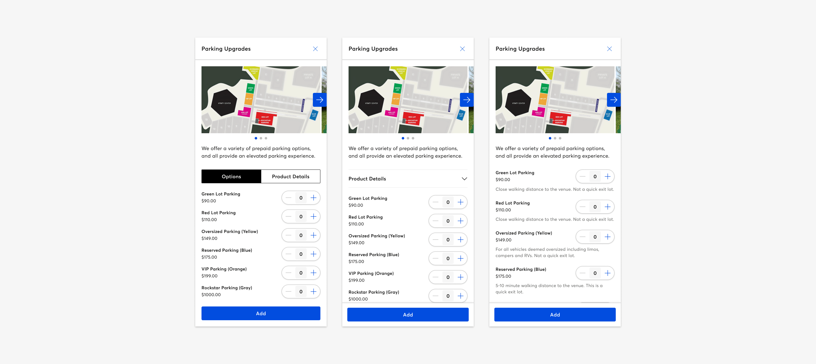 Round 2 testing, comparing tabbed toggle, collapsible dropdown, and inline option description models